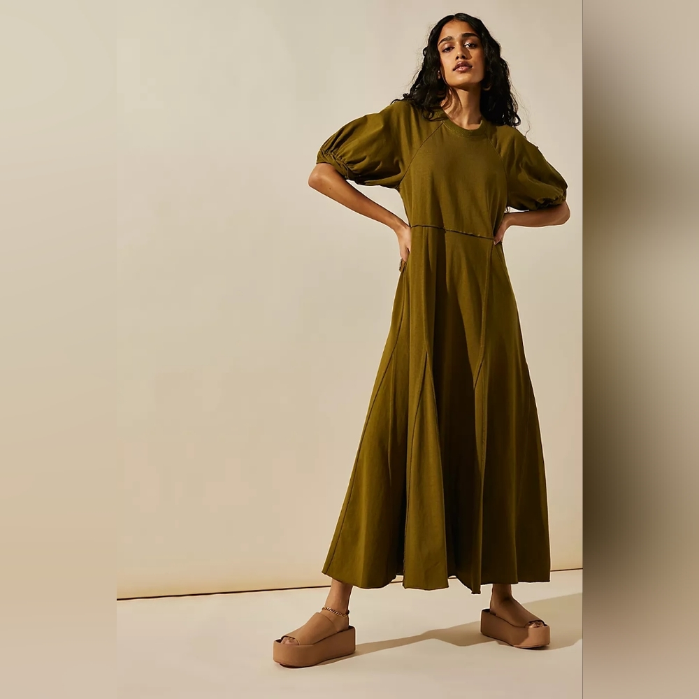 Free People Brentwood Maxi Puffed Sleeves Cotton Relaxed Boho Flowy Green M